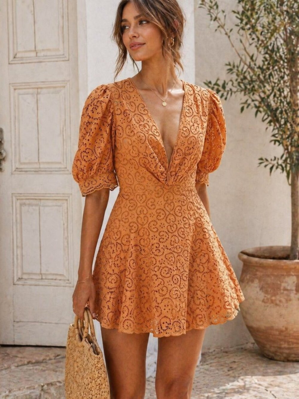Sandro Eyelet Puff Sleeve Mini Dress Terracotta Orange 40 US 8